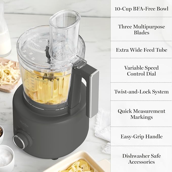Martha Stewart 10 Cup Food Processor & Electric Chopper, One Touch Pulse | BPA-Free Bowl, 3 Multipurpose Blades, Easy Food Prep, Chop, Slice, Shred, Puree, Emulsify, Speed Dial, Wide Feed Chute, Gray