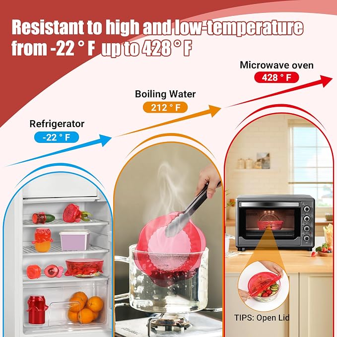 Silicone Stretch Lids for Food Storage in Fridge, Reusable Elastic Bowl Covers for Cup, Cans, Jars, Round & Rectangle Container, Food Grade Silicone Microwave Food Cover, Red, 6PCS