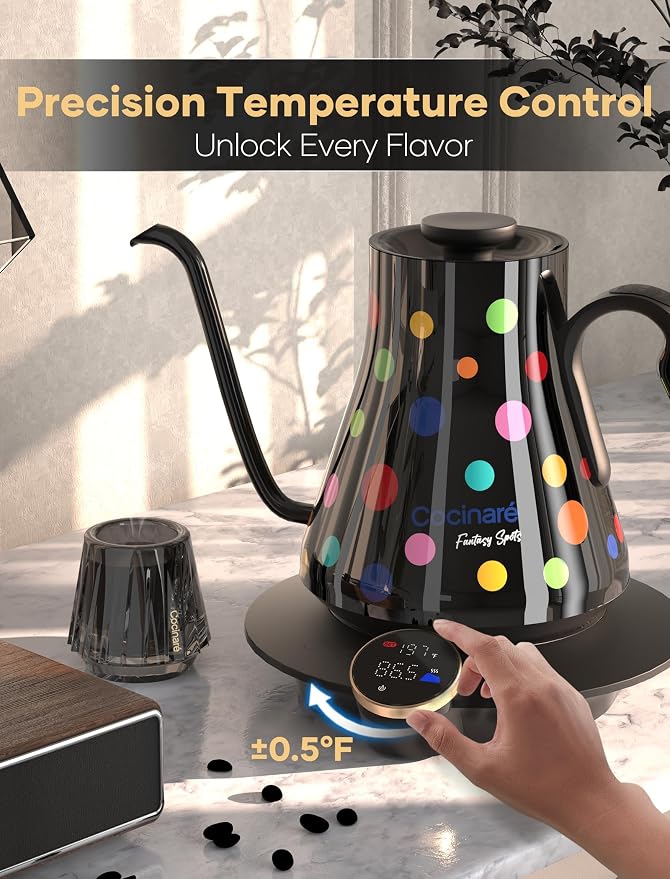 Cocinare Artisan Collection Gooseneck Electric Kettle, ±0.5°F Temperature Control for Pour Over Coffee & Tea, 1500W Fast Heating, Stainless Steel Interior, 0.9L, Confetti Design