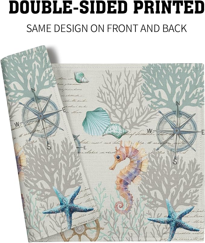 Nautical Placemats Set of 4 Starfish Sea Shell Beach Theme Ocean Coral Washable Non-Slip Heat Resistant 12×18 Inch Seasonal Summer Linen Fabric Table Mat for Party Kitchen Dining
