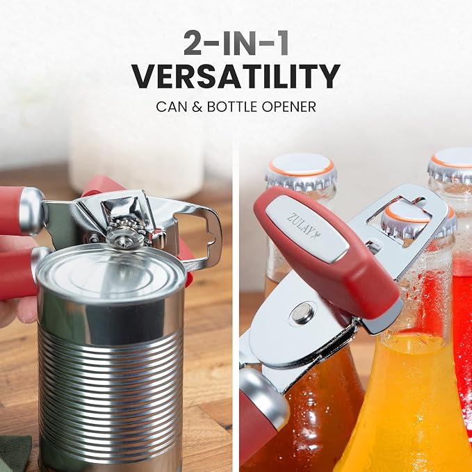 Zulay Kitchen Heavy Duty Stainless Steel Can Opener Manual with Bottle Opener - Rust Proof Manual Can Opener With Turn Knob & Comfy Soft Grip Handles - Red