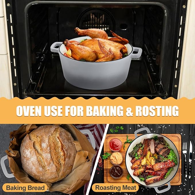 P&P CHEF 2 In 1 Gray Dutch Oven Pot with Lid for Bread Baking, 5Qt | Cast Iron Bread Dutch Oven, Skillet & Pot for Roasting Braising Stewing Frying Simmering, Multi Stoves & Oven Safe