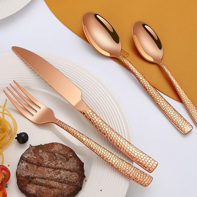 Remoxye 20-Piece Rose Gold Hammered Stainless Steel Flatware Set for 4, Including Fork, Knife, Spoon Set, Home Kitchen Cutlery Sets, Dishwasher Safe