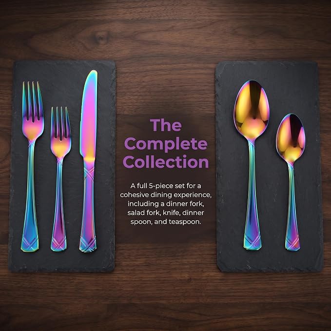 40-Piece Colorful Stainless Steel Flatware Set for 8, Rainbow Cutlery Set include Knives, Forks and Spoons, Vibrant Dishwasher Safe Silverware for Parties, Weddings & Family Dining