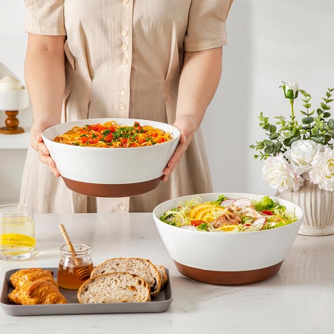 MALACASA Serving Bowls, 105oz Large Salad Bowls for Party, Entertaining | Big Ceramic Bowls for Soup, Fruit and Pho, 2-Pc Wide Bowl Set, Microwave & Dishwasher Safe, White & Brown, Series TARA