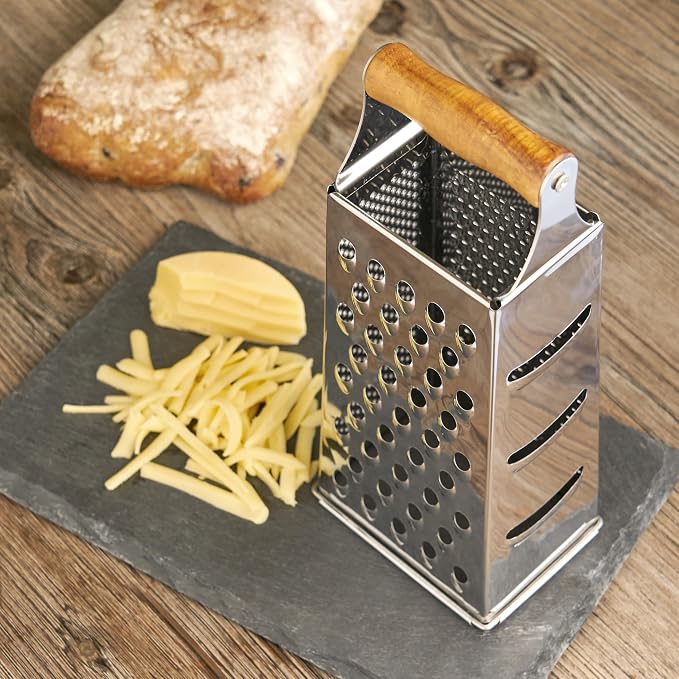 Twine Acacia Wood Handled Cheese Grater, Stainless Steel Grater, Citrus Zester, Reinforced Base, Vintage Kitchenware
