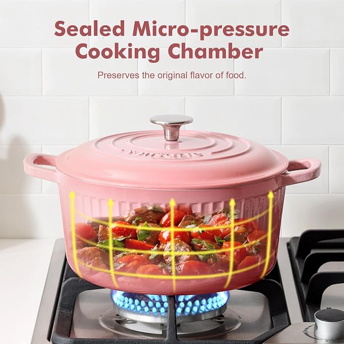 SENSARTE Enameled Cast Iron Dutch Oven Pot with Lid 3.5/5.5/6.5 Quart Heavy-Duty Round Dual Handles Kitchen Pot with Cotton Potholders & Silicone Trivet, Pot for Bread Baking, Stews, Braising, Roasting, Oven Safe, 6.5 Quart, Pink