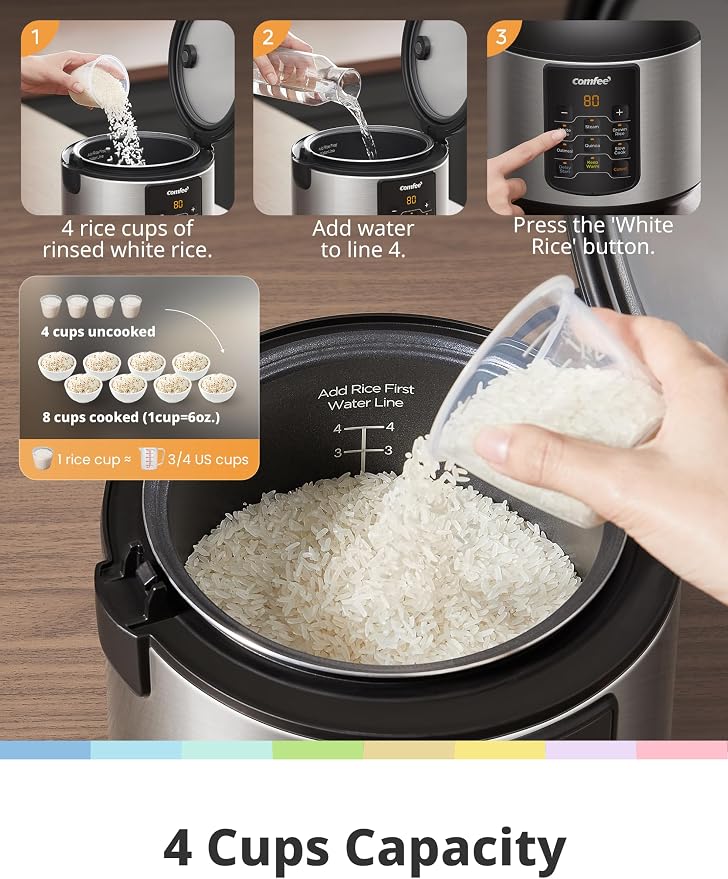 COMFEE' Rice Cooker with 6 Functions, 4-Cups Uncooked Rice | multi cooker, slow cook, steam, saute, warm, 6 one-touch programs for brown rice, quinoa and oatmeal