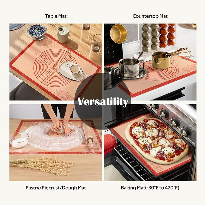 Non-slip Silicone Pastry Mat Extra Large Measurements 36''x 24'' Baking Mat | Silicone Baking Mat Counter/Dough Rolling/Oven Liner/Fondant/Pie Crust Sourdough Bread Baking Supplies（Red）