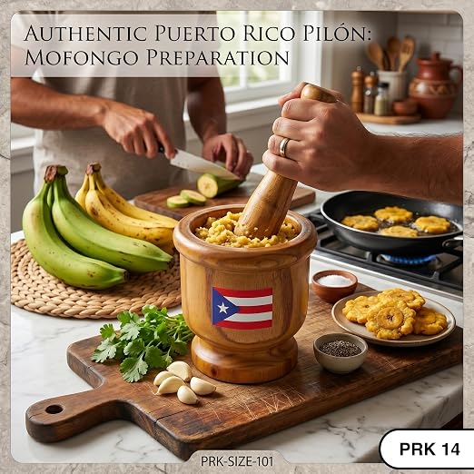 Puerto Rico Pilon – Traditional Wooden Mortar and Pestle – Boricua Kitchen Tool for Mofongo, Garlic, Sofrito and Caribbean Puerto Rican Style Cooking (Med Size 4.72 x3.94 Inch)