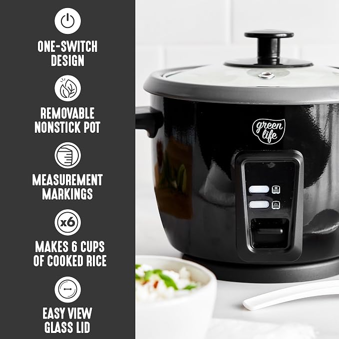 GreenLife Rice Cooker, 3-Cups Uncooked/6-Cups Cooked, Black | PFAS-Free Ceramic Nonstick Removable Pot, One-Switch Design, Grains Multicooker, Keep Warm, Dishwasher Safe Parts, Easy Clean