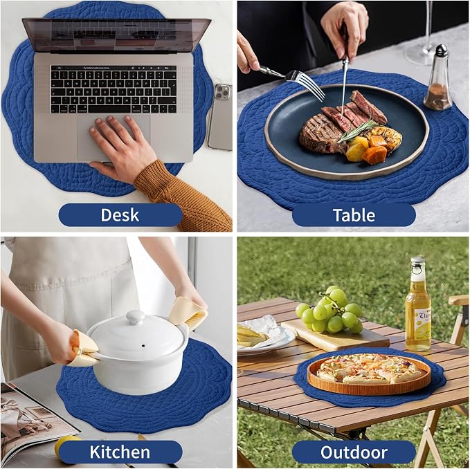 6 PC Quilted Placemats, 14" Extra Large Cotton Placemats Set of 6, 100% Cotton Fabric Washable Cloth Table Mats for Kitchen & Dining Table - Soft &Easy Clean(Sapphire Blue, Round)