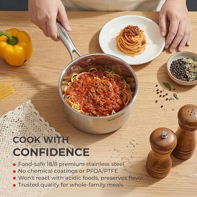 SUNHOUSE 2 QT Sauce Pan with Lid, Full Clad 3-Ply Stainless Steel Saucepan | Small Cooking Pot & Milk Pan - Induction Compatible - PFOA Free, Oven & Dishwasher Safe, Stay-Cool Handle