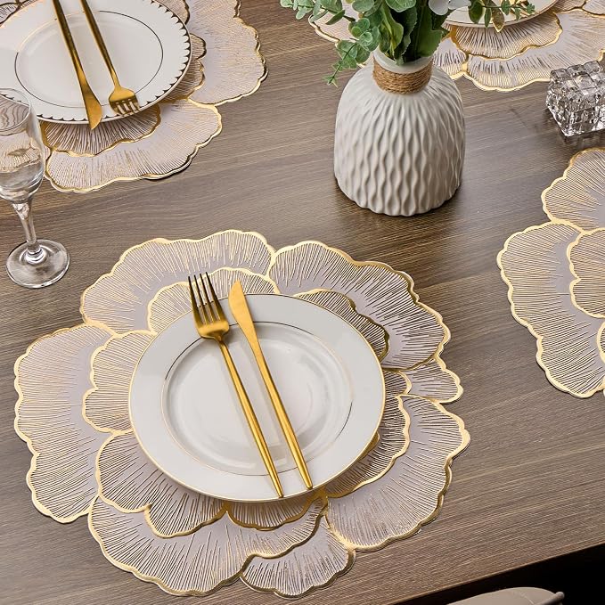 Evevda 15 Inch Gold Floral Shaped Vinyl Placemats for Dinner Table Set of 6 | Plastic Dining Table Mats Non-Silp Waterproof Washable for Wedding Annersary Kitchen Decoration