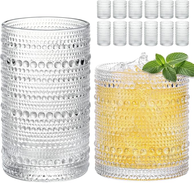 Moretoes Vintage Hobnail Drinking Glasses Set of 12 | 15 Oz Highball Glasses & 10 Oz Cocktail Glasses, Glass Cups Kitchen Bar Tumbler Glassware Set for Whiskey, Beer, Juice, Milk