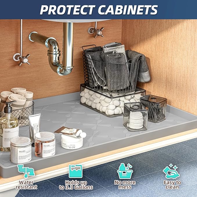 Waterproof Under Sink Mat 34" x 19" Cabinet Protector Silicone Mat | Heavy Duty Deep Drip Tray, Extra Thick Non Slip Liner for Kitchen & Bathroom, Pets, Organizer, Storage, Boots, Home Essential
