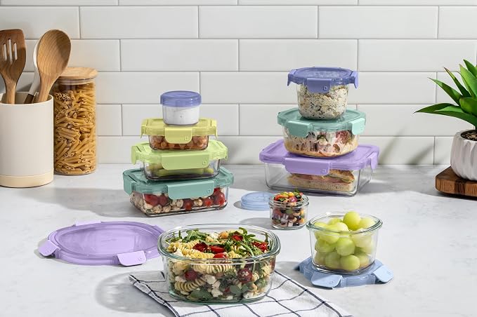 Ello Color Lock 20pc Glass Food Storage Containers with Lids, Purple Rain | Glass meal prep set with airtight leakproof locking lids, microwave and oven safe glass, freezer safe, and BPA-free