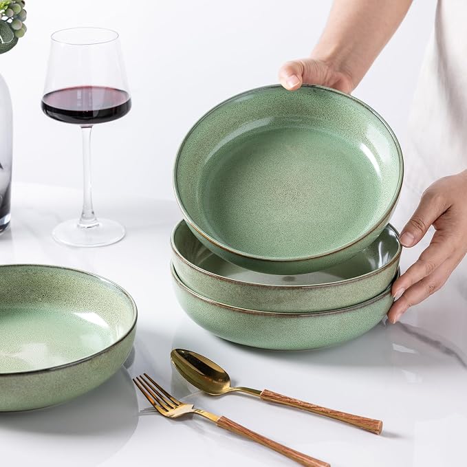 GBhome 8.75'' Large Ceramic Pasta Bowls, 38oz Stoneware Pasta Serving Bowls Set of 4 for Kitchen, Wide Bowls for Fruit,Pasta,Salad,Oatmeal,Meal, Microwave Safe, Reactive Glaze-Pastel Green