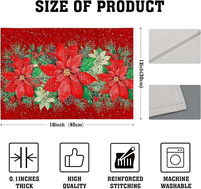 Red Poinsettias Placemats for Dining Table Set of 4, 12 x 18 Inch Red White Floral Xmas Tabletop Mats Red Rectangle Table Mat for Winter Holiday Party Kitchen Table Decor
