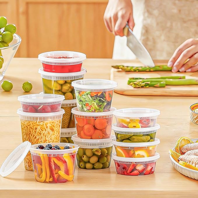 BYSNOW 60 Sets Deli Containers with Lids Plastic Food Storage Containers | 32/16/8 oz X 20 Set Each, Leak-Proof & BPA Free Airtight Stackable Takeout, Freezer/Microwave/Dishwasher Safe