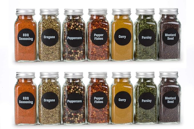6oz, BEST VALUE 14 Large Glass Spice Jars includes pre-printed 126 Chalkboard Spice Labels plus 113 PVC Clear Labels. 14 Square Empty Jars, Airtight Cap, kitchen Funnel Pour/Sift Shakers