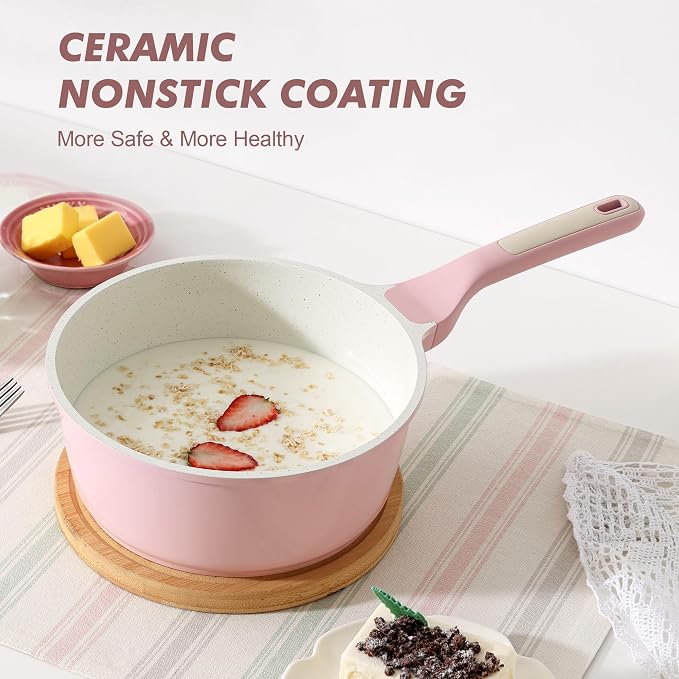 SENSARTE 2.5 QT Ceramic Nonstick Saucepan with Lid, PTFE/PFAS Free, Pink | Medium Cooking Pot with Stay Cool Handle, Induction Compatible Saucepot, Ceramic Coating