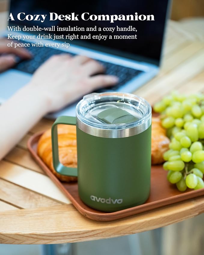 12oz Insulated Coffee Mug with Lid – Includes Two Lids, Stainless Steel Coffee Travel Mug with Handle, Double Wall Vacuum Insulated Camping Mug for Home, Office & Outdoor, Army Green