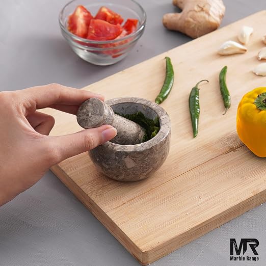 Marble Mortar and Pestle Set Oceanic 3" Inches Handmade Garlic Crusher & Grinder Bowl, Mini Mortar and Pestle for Kitchen - Herb Grinder Spice Grinder