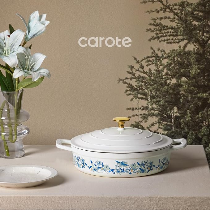 CAROTE 3.5QT Enameled Cast Iron Braiser Pan, Shallow Floral Dutch Oven Casserole Skillets, Non-Toxic Cast Iron Pot with Lid for Baking, Dual Handles, All Stovetop Compatible, White & Blue