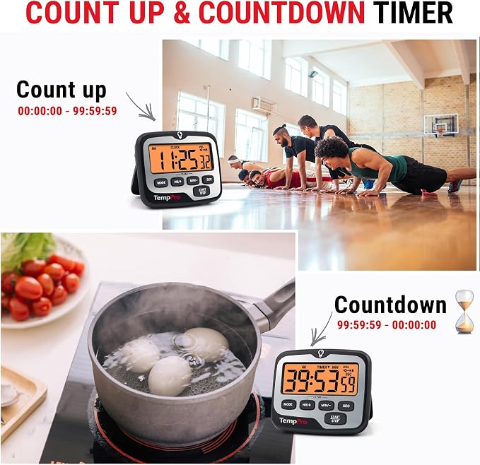 TempPro TM01 2-in-1 Kitchen Timers for Cooking with 12/24H Clock Mode | Magnetic Timer with Adjustable Alarm Volume, Digital Timer with Touch Backlight, Kids Timers for Classroom Teacher Supplies