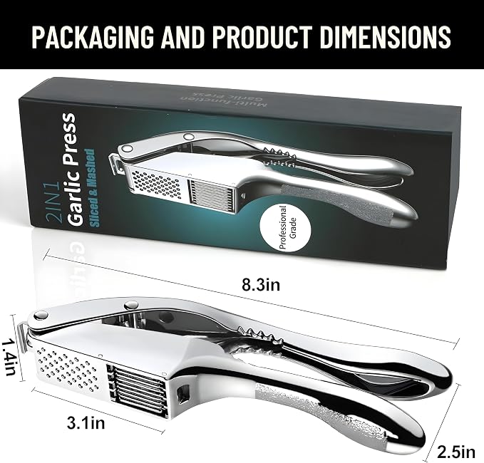 Garlic Press Stainless Steel - 3-in-1 Heavy Duty Garlic Press and Slicer, Professional Garlic Mincer Tool & Garlic Crusher with Ergonomic Handle, Dishwasher Safe Garlic Presser Set