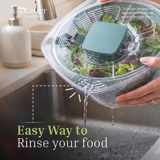 JS Gourmet Manual Salad Spinner with Strainer Basket - 5.68L (24 Cup) | BPA-Free Push Vegetable Spinner, Durable Kitchen Gadget, Easy Spin Dryer Bowl for Lettuce, Fruits & Greens