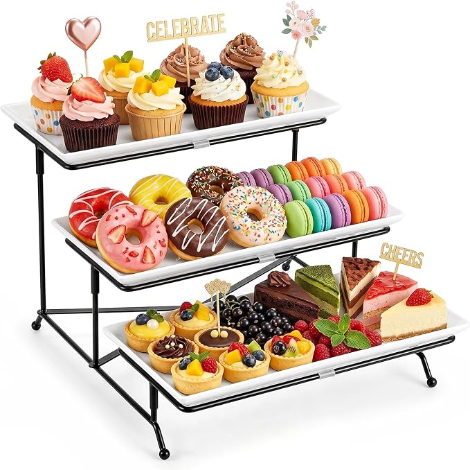 3 Tier Serving Tray, 12 Inch Dessert Display Stand, Black Stand | 3*Porcelain Durable Serving Plates, Microwave/Dishwasher Safe, Modern Cupcake Fruit Buffet Display, Wedding/Tea/Party serving