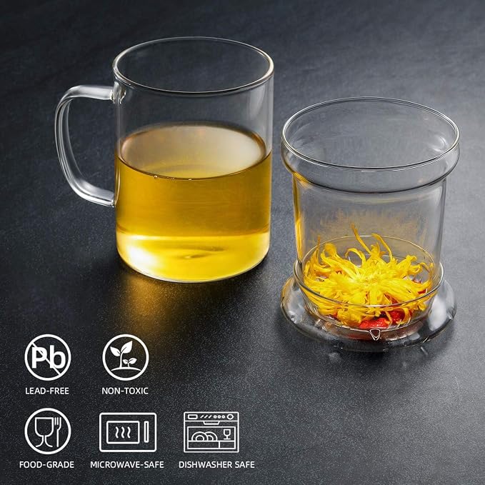 Glass Tea Infuser Cup with Filter and Handle for Blooming Loose Leaf, 14oz | Borosilicate, Heat Resistance, Lead-free, Microwave & Dishwasher Safe