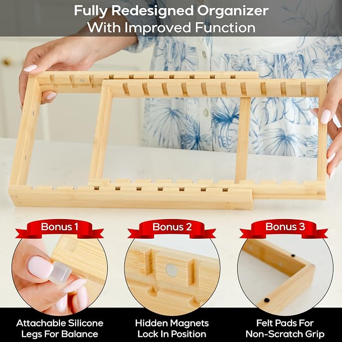 Pot and Pan Organizer for Under Cabinet – Bamboo Pot Lid Organizer for Cabinet with Magnetic Lock, Expandable 2-in-1, Adjustable Dividers, Non-Slip Base for Cutting Boards, Cookie Sheets, Bakeware