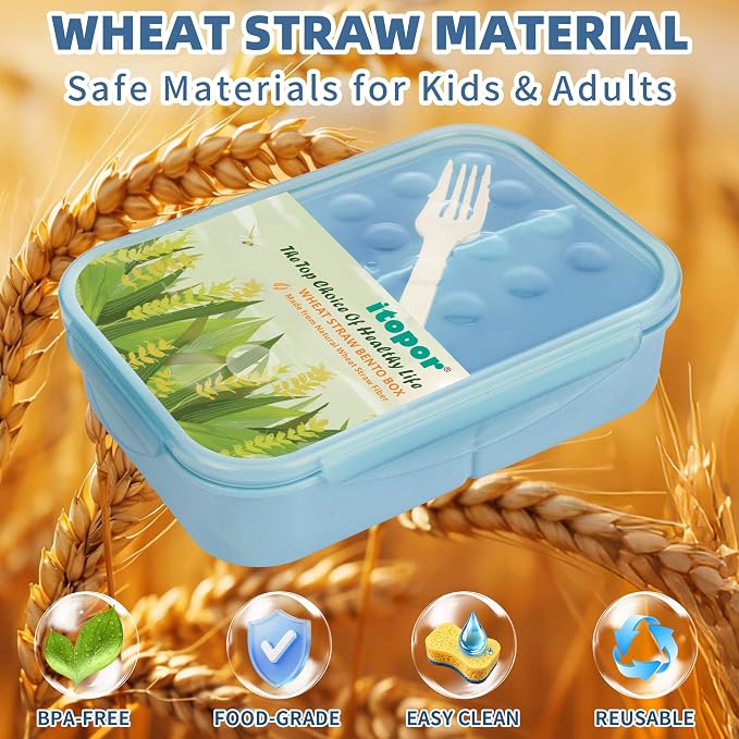 Itopor Bento Box for Kids & Adults, Lunch Box 46 oz / 1400ml, Pale Blue | Wheat straw material, BPA-free, leakproof, 3 compartments, microwave & dishwasher safe, for school, office & travel