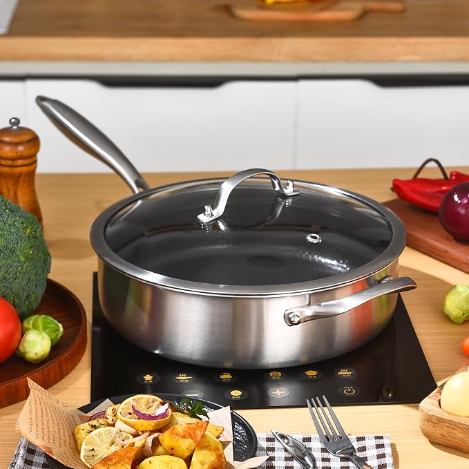 LOLYKITCH 5-Quart Large Frying Pan with Lid | 12 Inch | Detachable Handle | Ceramic Nonstick | Tri-Ply Stainless Steel | Deep Skillet | Saute Pan | PFOA Free | Induction | Dishwasher & Oven Safe