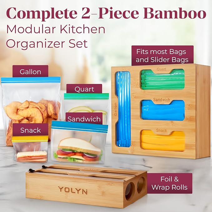 Bamboo Food Storage Bag Organizer for Drawer with Foil & Plastic Wrap Dispenser – Premium Detachable Kitchen Organizer for Gallon, Quart & Sandwich Bags