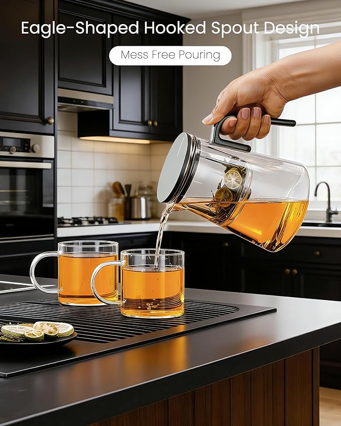 ZENS Magnetic Glass Infuser Teapot with 2 Cups for Loose Tea Steeper, 34oz | Magic Glass Teapot with Infusers for Loose Tea Steeper, Echanted Tea Pot for Herbal Tea Lovers, Dark Green