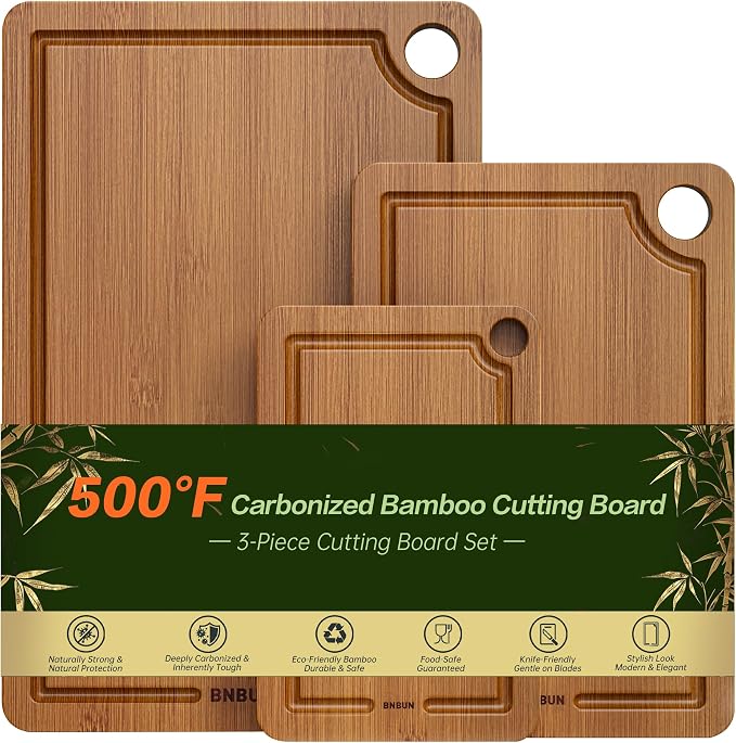 Bamboo Cutting Board for Kitchen, 3-Piece Wooden Cutting Board Set with Deep Juice Grooves, Side Handles, Non-Slip Mats, Reversible Boards for Meat, Vegetables, Fruit and Cheese
