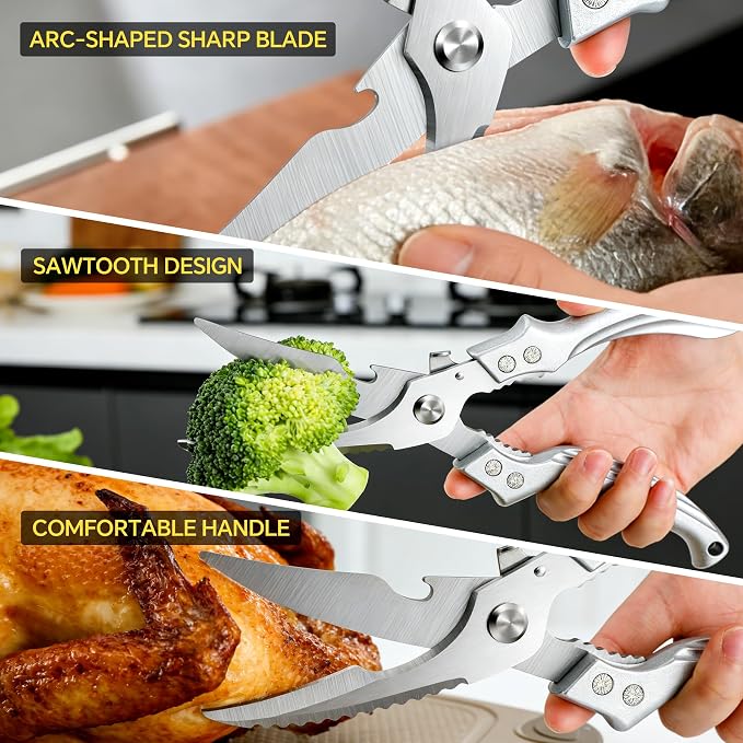 2PCS Kitchen Shears Set Multi-Purpose Kitchen Scissors for Food Heavy Duty | Culinary Chef Scissors for Chicken Meat Vegetables Herbs Scaling Fish, Good Grips, Professional Poultry Shears, Silver