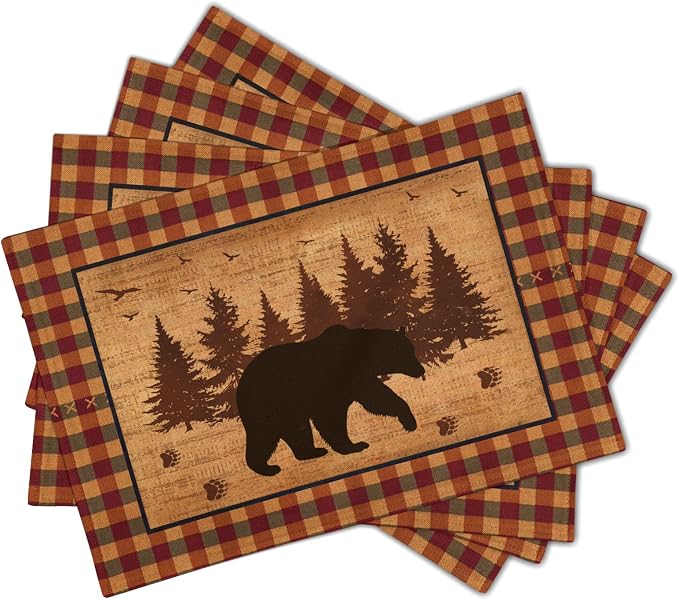 Rustic Bear Forest Pine Tree Placemats Set of 4, Wildlife Paw Print Buffalo Plaid Table Place Mats 18 x12 Inch Heat Resisting Non-Slip Table Mats for Party Holiday Kitchen Farm Indoor Decor