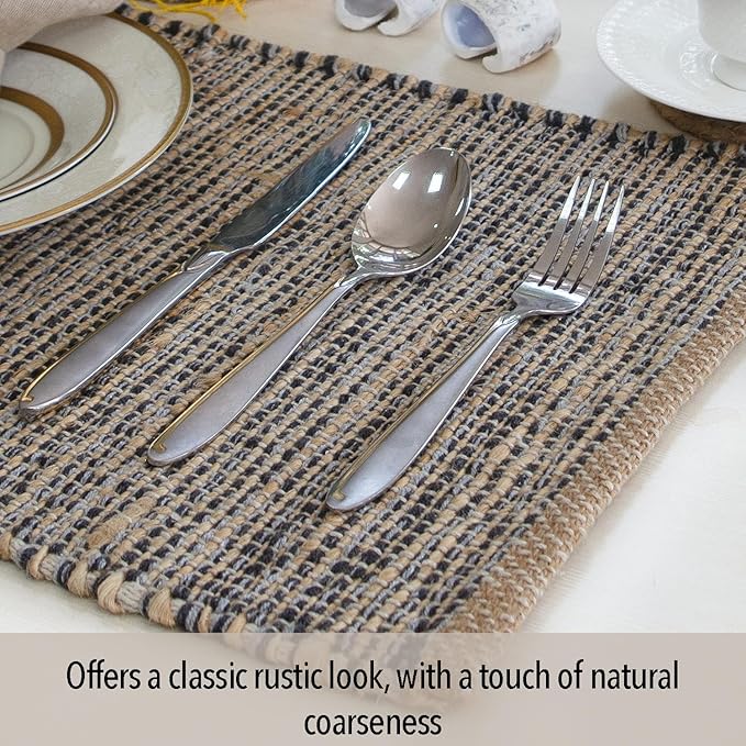 Natural Jute & Grey Placemats, Set of 4 – Rustic Handmade Boho Table Mats, 13x19 Inch Dining Table Placemats for Kitchen, Everyday Meals, Holidays, Farmhouse or Modern Table Décor