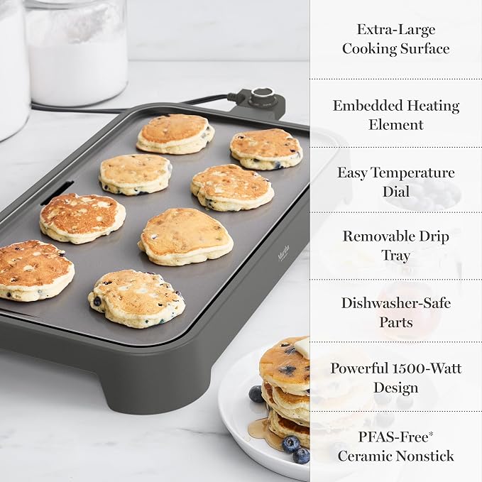 Martha Stewart 12"x 22" XL Electric Griddle, Ceramic Nonstick Flat Top | PFAS-Free Nonstick Grill, XL Cooking Surface for Pancakes & Eggs, Adjustable Temp Dial, Drip Tray, 1500W Heating, Caviar Gray