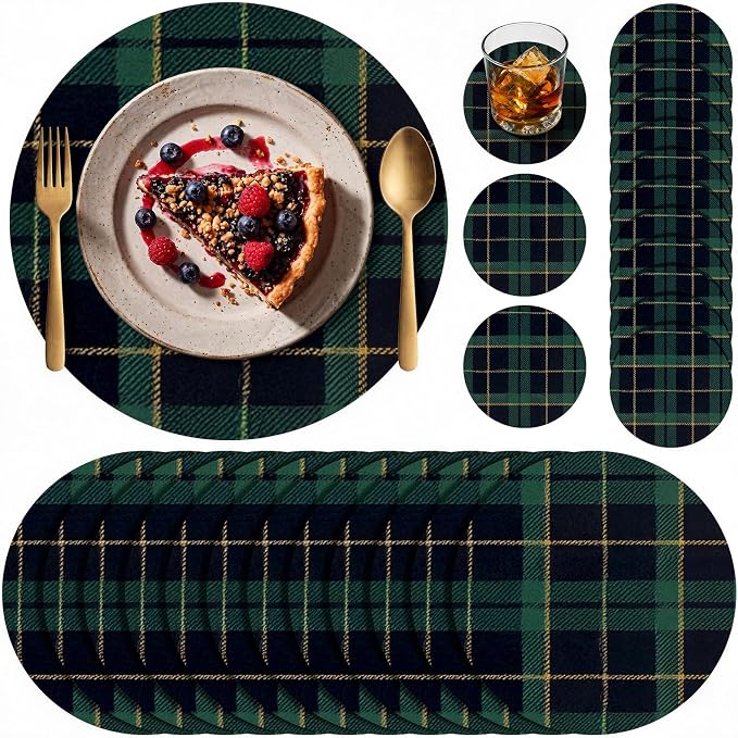 Geosar 200 Blue and Green Plaid Disposable Paper Placemats and Coasters Set Summer Hawaiian Placemat with Coasters Outdoor Indoor for Dining Table Decoration Shower Birthday