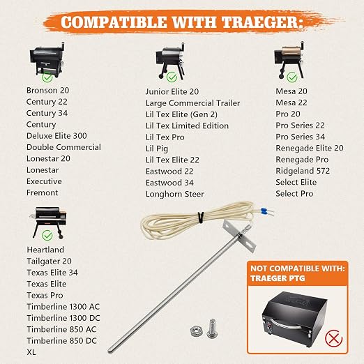Temperature Probe Sensor, Replacement for Traeger Digital Thermostat Probe, Sensor Thermometer Compatible with Traeger Pellet Grills | Replace BAC216, NOT for PTG Grill, Stainless Steel Waterproof Probe Tip, Fixes ER1 Code Errors, Easy to Install, Plug...