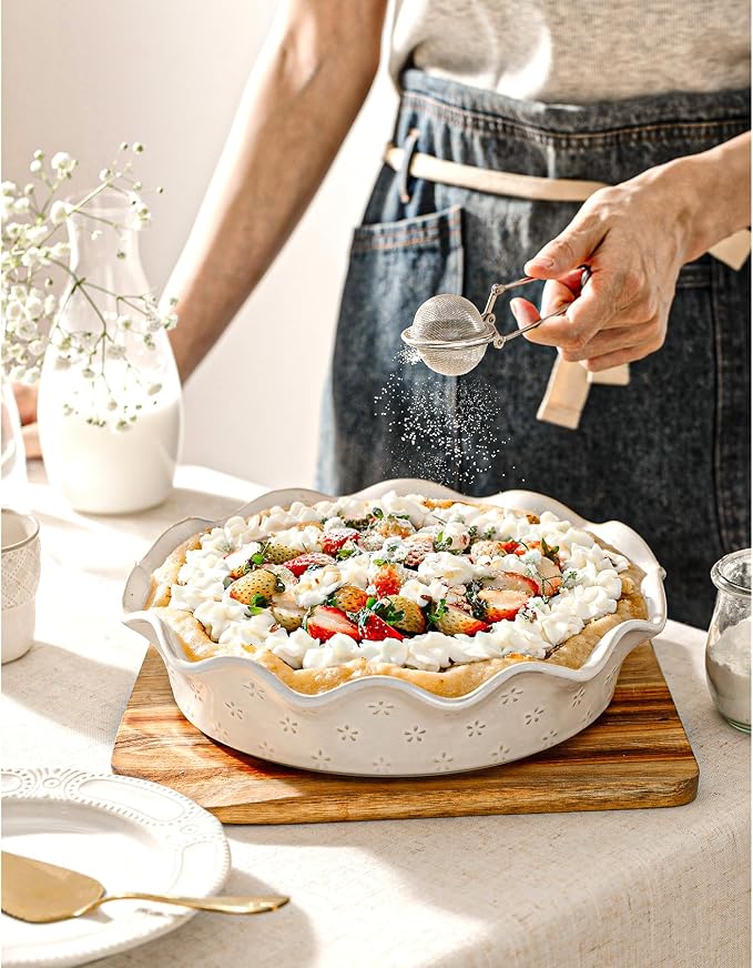 Ceramic Deep Pie Pan for Baking, 11 inch Porcelain Pie Plate for Apple Pie, Oven & Dishwasher Safe, Farmhouse Decor, 48 Ounce Deep Plate for Kitchen, Non-Stick Pie Dish, Embossed Flower