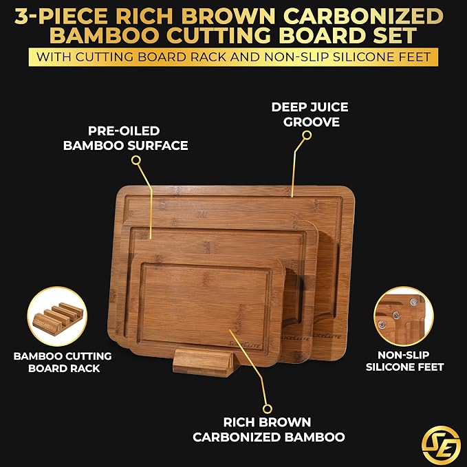 SliceElite Rich Brown Carbonized Bamboo Cutting Board Set 3 Piece Kitchen Boards with Deep Juice Groove Non Slip Silicone Feet Space Saving Rack Stand for Chopping Serving Meal Prep and Charcuterie