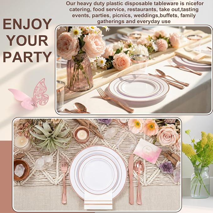 GATHER 350PCS Rose Gold Plastic Plates for Wedding Birthday Party | White and Rose Gold Disposable Dinnerware Set include 100 Plastic Plates, 150 Silverware, 50 Napkins, 50 Cups for Baby Shower