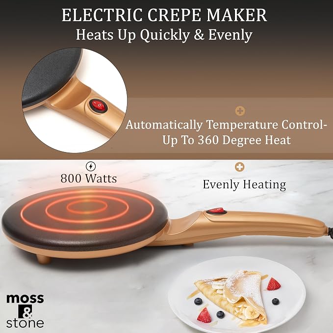 Moss & Stone Gold Electric Crepe Maker, 8" Portable Nonstick Crepe Pan | Nonstick dipping plate, auto shut-off, on/off switch, even heating, automatic temperature control, compact design